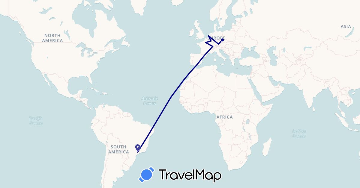 TravelMap itinerary: driving in Brazil, Switzerland, Cape Verde, Czech Republic, Germany, Spain, France, Luxembourg, Netherlands (Africa, Europe, South America)